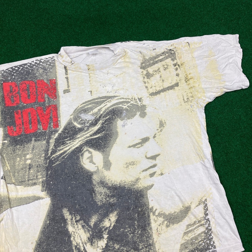 Vintage Bon Jovi Shirt Mens XL White Thrased All Over Print AOP Music USA‎ 90s